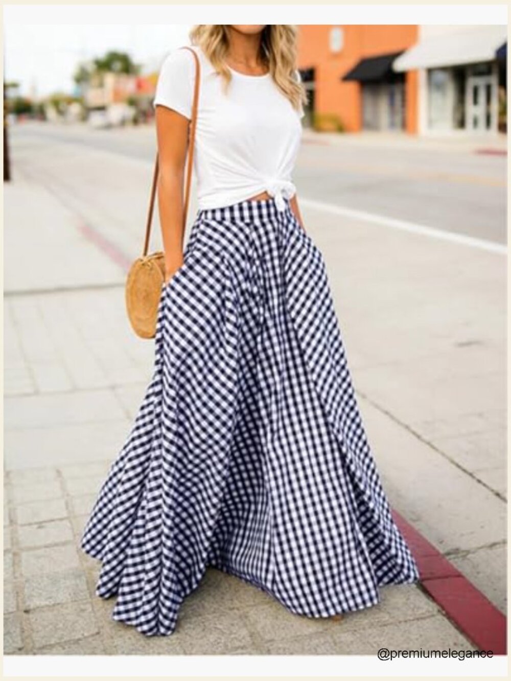 Gingham Maxi Skirt High Waist Pleated A-Line Flowy Checkered Skirt Summer - Picture 7 of 7
